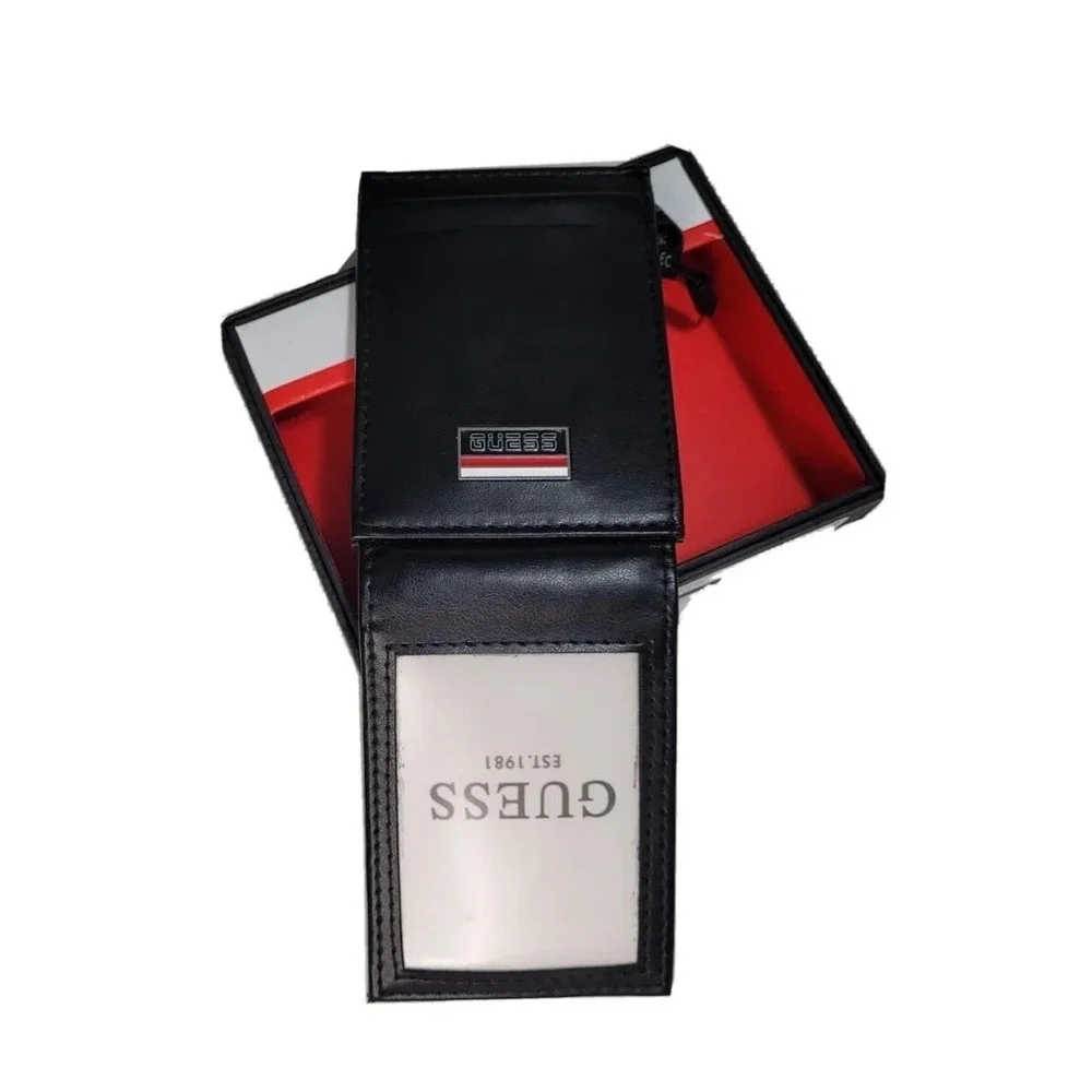 Guess Mens Black Slim Card Case Bifold Wallet with ID Window and Logo Box